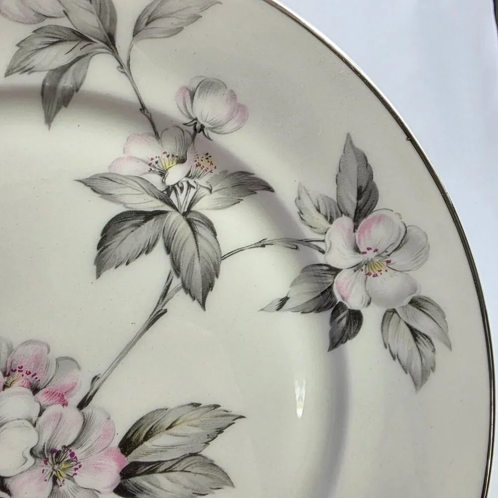 TWO Manor House Spring Glory Dinner Plates Pink & White Floral Gray Leaves